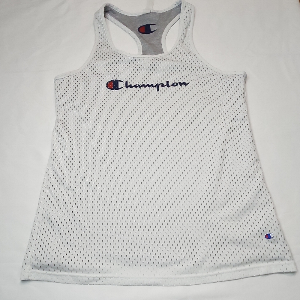 Champion White Mesh Racerback Tank with Navy & Red Logo